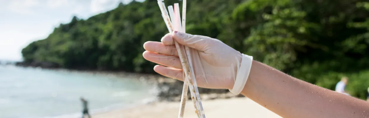 Kobieca dłoń trzymająca ubrudzone w piachu słomki na tle oceanu i plaży